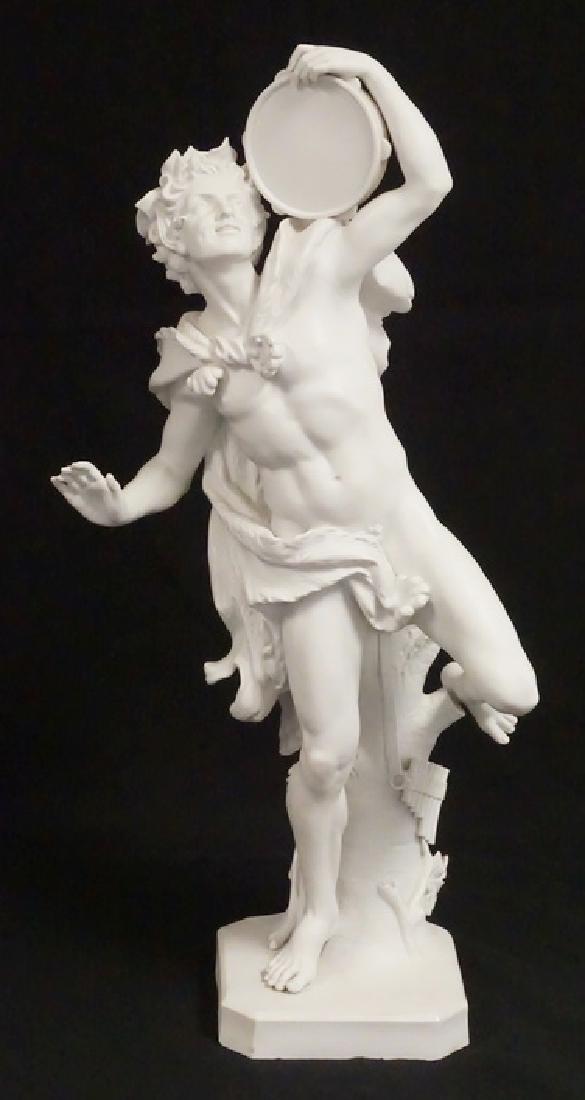 PARIAN SCULPTURE: LARGE ANTIQUE PARIAN SCULPTURE OF A DANCING PAN FIGURE WITH A PIPE FLUTE AND TAMBOURINE. 24 1/2 INCHES HIGH.