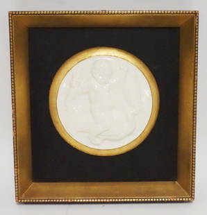 CARL PAUL JENNEWEIN PORCELAIN RONDEL: CARL PAUL JENNEWIN PORCELAIN RONDEL. FRAMED. 10 1/4 X 10 3/4 INCH FRAME.