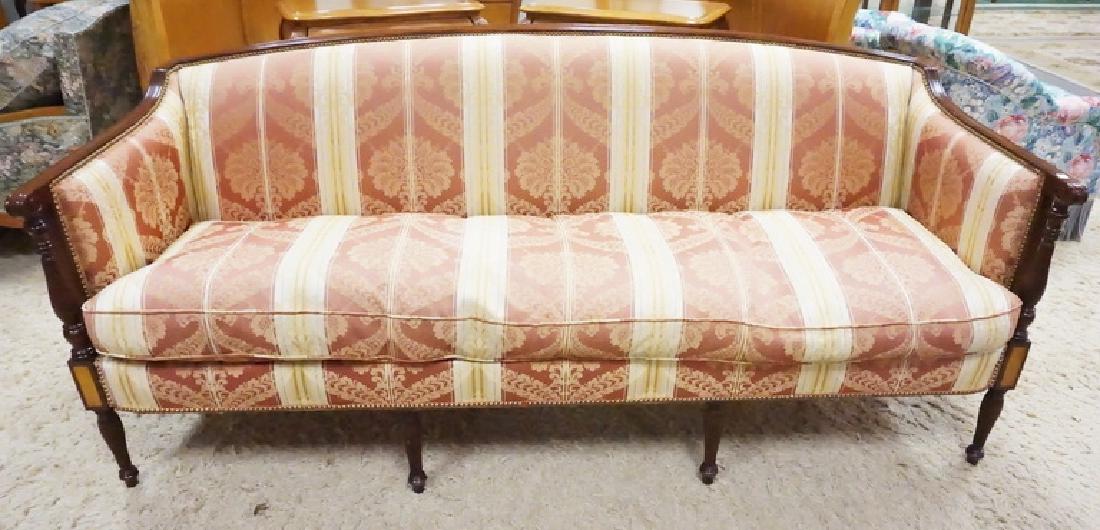SHERATON STYLE SOFA: SHERATON STYLE SOFA WITH FLUTED LEGS AND BROCADE UPHOLSTERY.