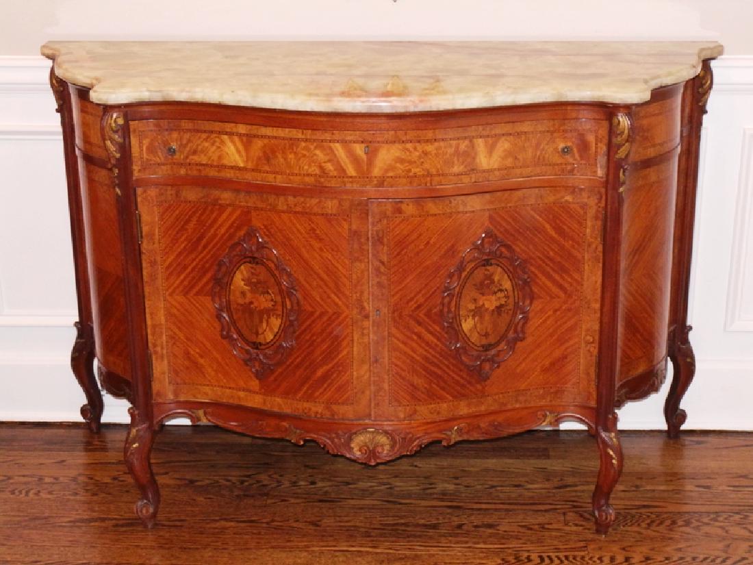 ONYX TOP SIDEBOARD: ONYX TOP SIDEBOARD WITH BOOKMATCHED VENEERS AND INLAY. 3 INTERIOR DRAWERS.