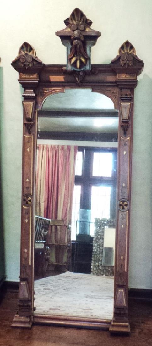 VICTORIAN PIER MIRROR: VICTORIAN PIER MIRROR. GOLD GILT AND EBONIZED. 33 X 79 INCHES.