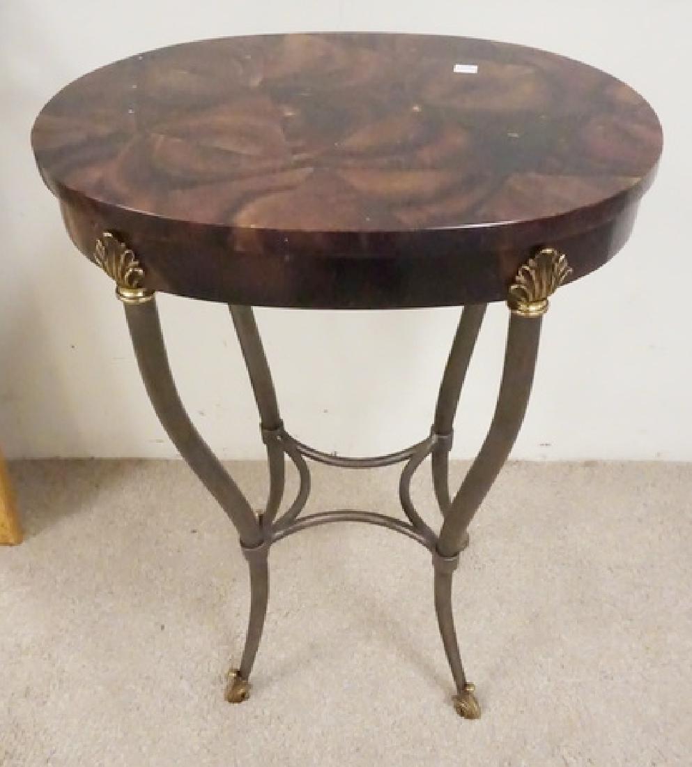 ETHAN ALLEN STAND: ETHAN ALLED STAND WITH A FAUX STONE TOP AND METAL LEGS. 28 INCHES HIGH. 20 X 15 INCHES OVAL.