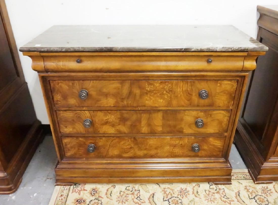 ETHAN ALLEN MARBLE TOP CHEST: ETHAN ALLEN MARBLE TOP CHEST OF DRAWERS. 42 1/2 INCHES WIDE. 34 INCHES HIGH.