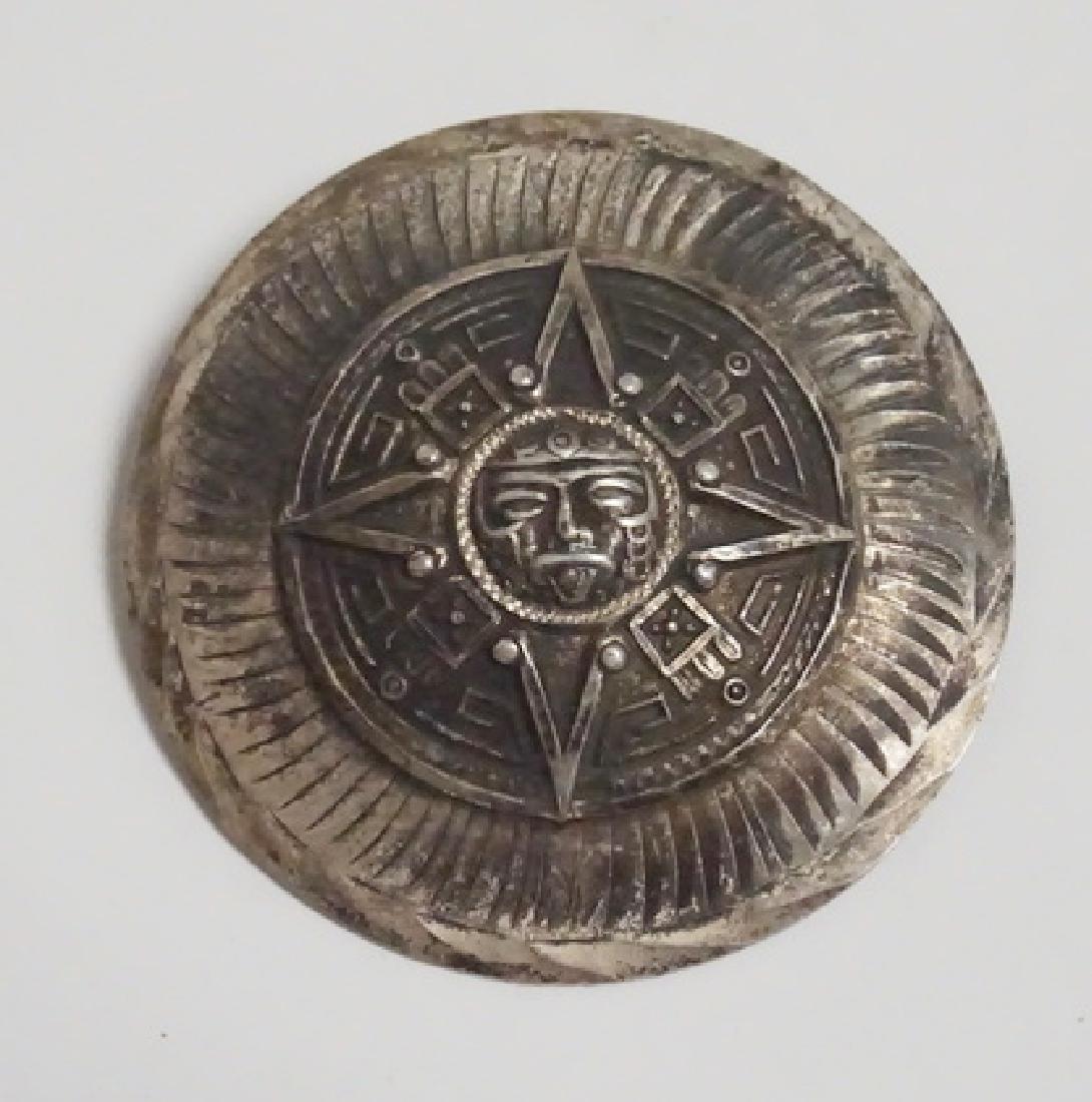 MEXICAN STERLING SILVER BROOCH.PENDANT: MEXICAN STERLING SILVER BROOCH/PENDANT. MAYAN STYLE. 2 INCH DIA.