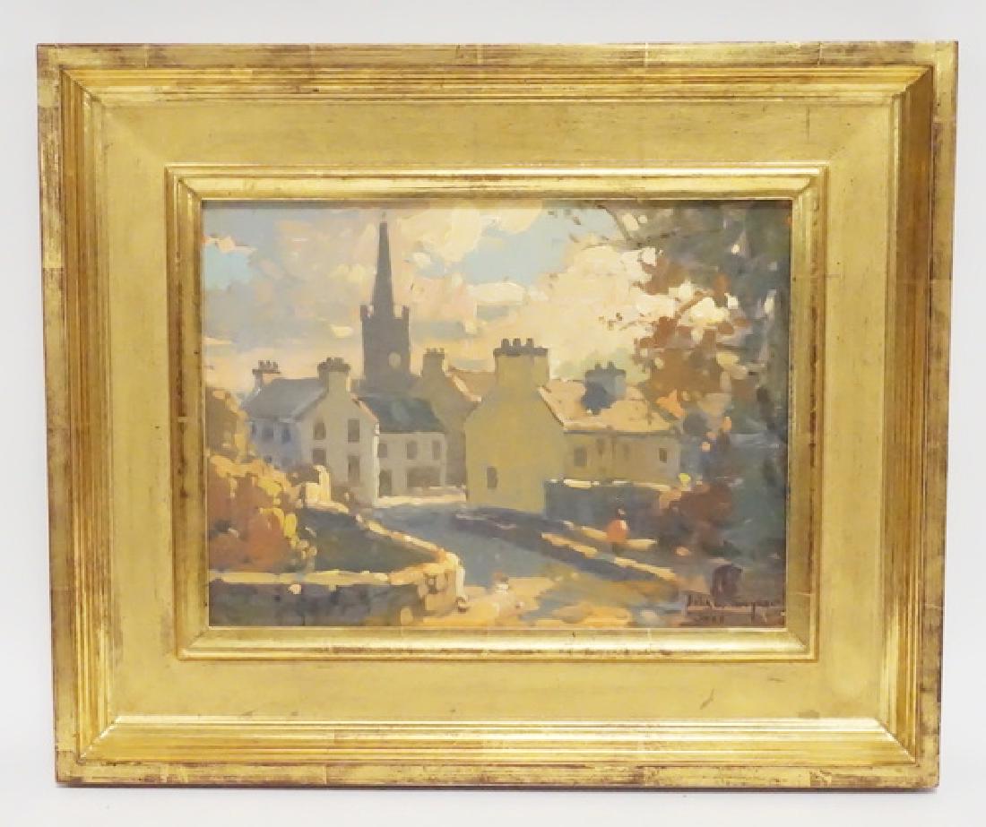 JOHN TRAYNOR PAINTING: JOHN TRAYNOR OIL PAINTING ON CANVAS TITLED *DONEGAL TOWN*. SIGNED LOWER RIGHT. 12 X 9 INCH STRETCHER.