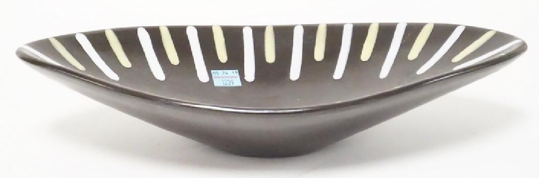 UPSALA EKEBY SWEDISH ART POTTERY BOWL: UPSALA EKEBY SWEDISH ART POTTERY BOWL. MID CENTURY MODERN. 13 1/2 X 7 3/4 INCHES.