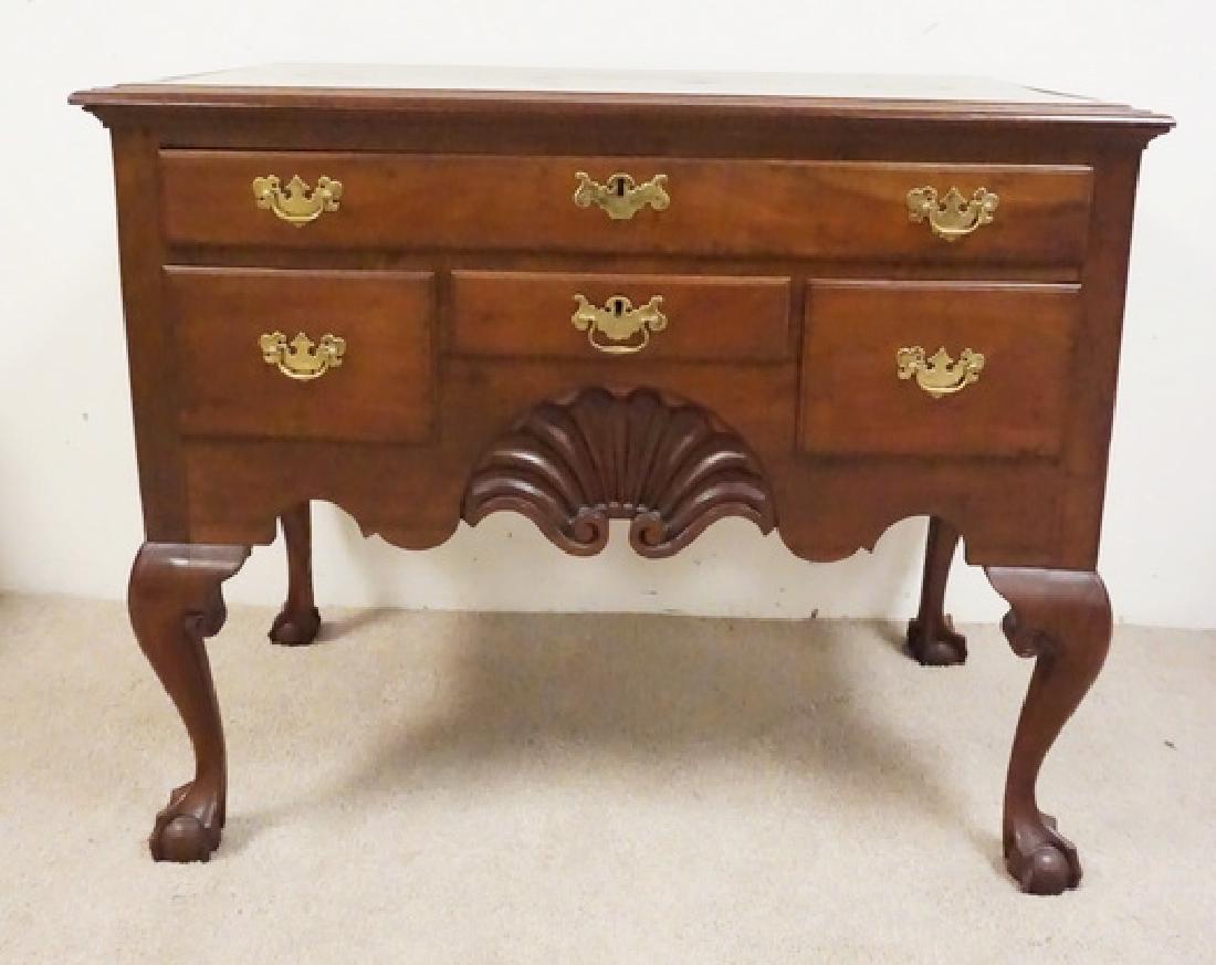 ANTIQUE LOWBOY: ANTIQUE SHELL CARVED CHERRY LOWBOY. 4 DRAWER 36 INCHES HIGH, 44 INCHES WIDE AND 23 INCHES DEEP.