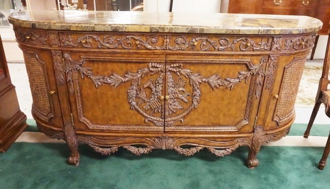 MAITLAND SMITH SIDE BOARD: MAITLAND SMITH MARBLE TOP SIDE BOARD. 53 1/2 INCH HIGH, 78 INCHES WIDE AND 24 1/2 INCHES DEEP.