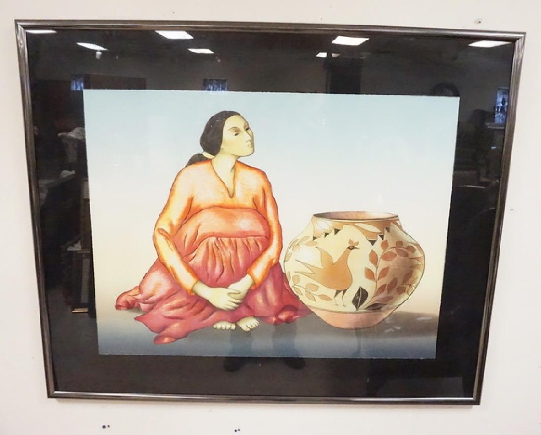 R C GORMAN PRINT: R C GORMAN LARGE LIM ED PRINT OF A SEATED WOMAN AND A LARGE DECORATED NATIVE AMERICAN POT.#2 OF 25, 1985. 50 1/2 IN X 42 IN INCLUDING FRAME