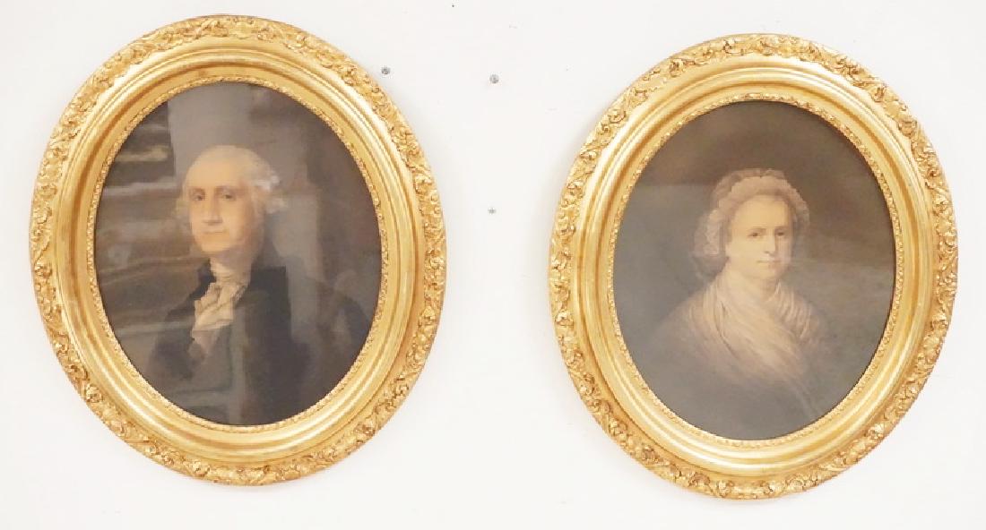 PAIR OF ANTIQUE PRINTS ON CANVAS OF GEORGE AND MARTH: PAIR OF ANTIQUE PRINTS ON CANVAS OF GEORGE AND MARTH WASHINGTON. 22 X 19 INCH FRAMES.