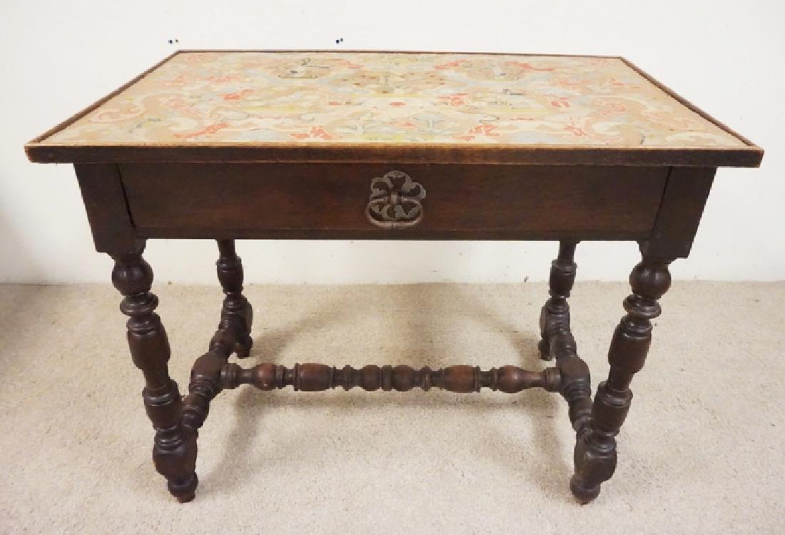 ANTIQUE ONE DRAWER WORK TABLE: ANTIQUE ONE DRAWER WORK TABLE WITH TURNED SUPORTS AND A TAPESTRY TOP. 35 X 22 INCH TOP. 29 INCHES HIGH.