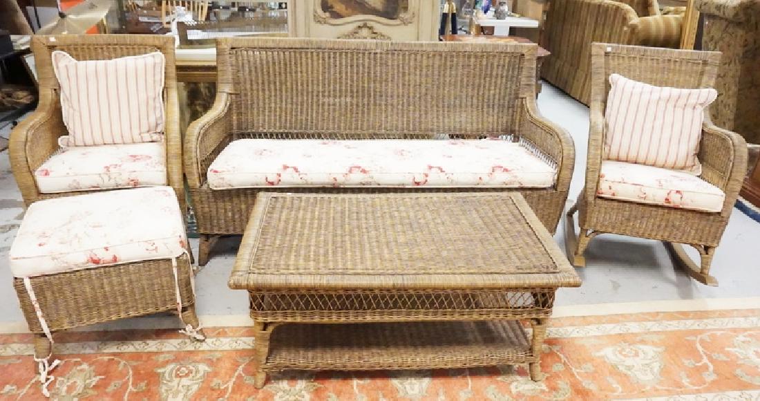 CRATE & BARREL WICKER PATIO SET: 5 PIECE CRATE & BARREL WICKER PATIO SET.