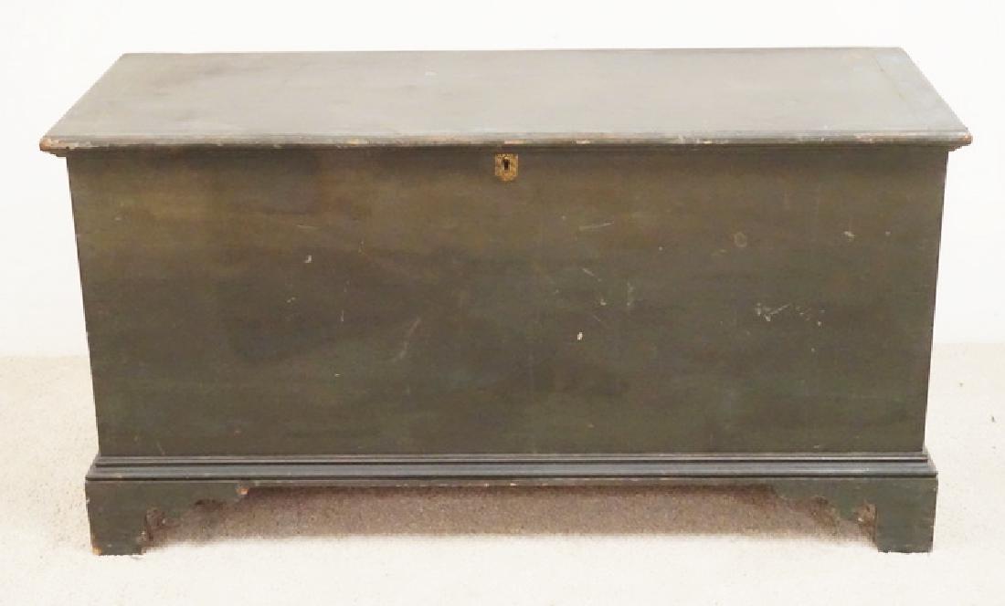 ANTIQUE BLANKET CHEST IN BLUE PAINT: ANTIQUE BLANKET CHEST IN ORIGINAL BLUE BUTTERMILK PAINT FINISH WITH SCROLL CUT BRACKET FEET. 46 X 17 AND 24 INCHES HIGH.