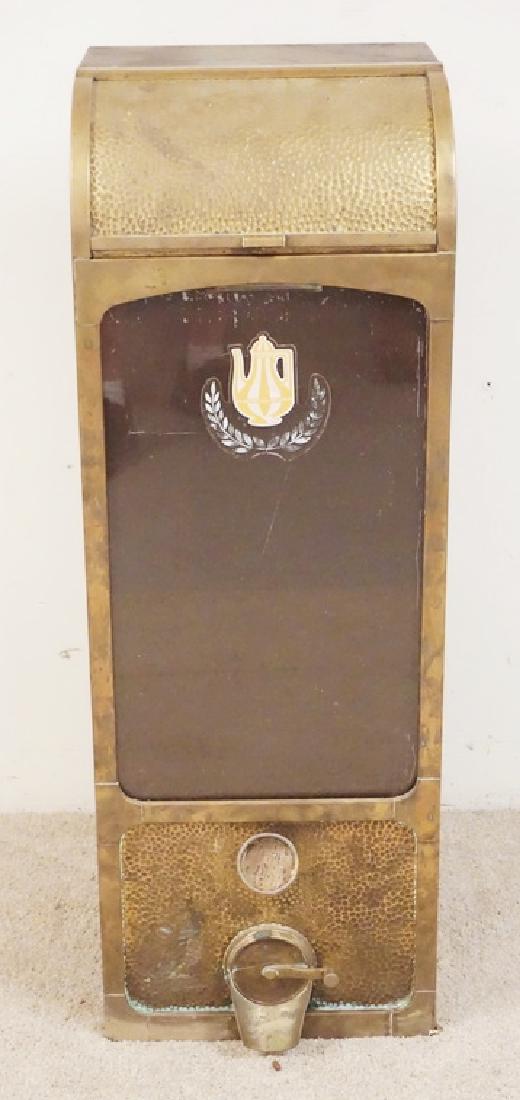 ANTIQUE STORE COFFEE BIN AND DISPENSER.: ANTIQUE BRASS STORE COFFEE BIN AND DISPENSER. 42 1/2 INCHES HIGH. 15 INCHES WIDE.