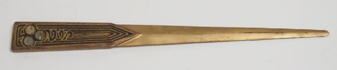 TIFFANY STUDIOS ABALONE LETTER OPENER: TIFFANY STUDIOS BRONZE AND ABALONE INLAY LETTER OPENER. 10 INCHES LONG.