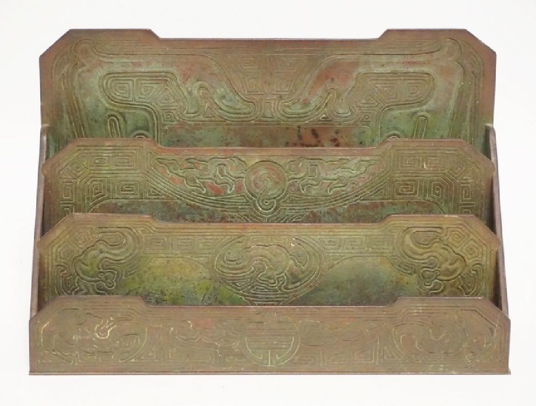 TIFFANY STUDIOS *CHINESE* LETTER HOLDER: TIFFANY STUDIOS CHINESE PATTERN LETTER HOLDER. 12 1/4 INCHES WIDE. 8 1/8 INCHES HIGH.