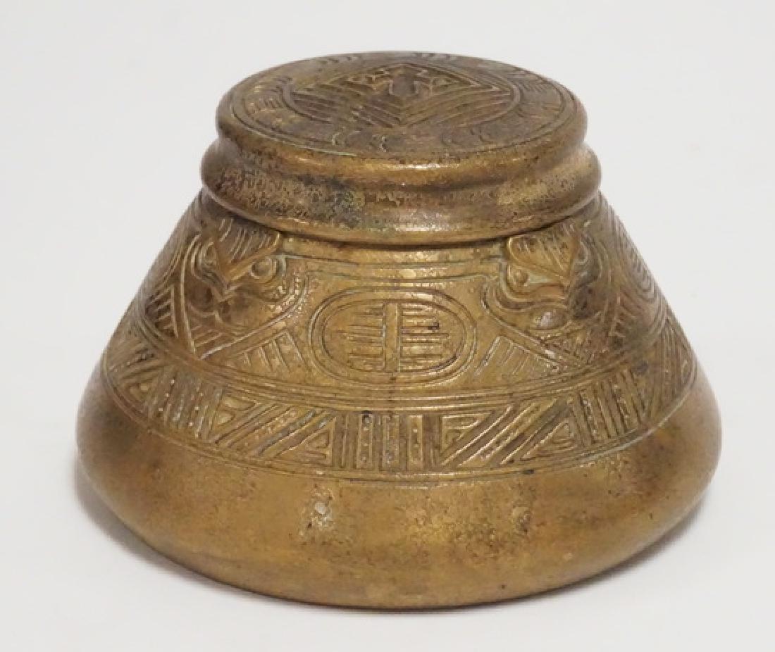 TIFFANY STUDIOS *INDIAN* INKWELL: TIFFANY STUDIOS GILT BRONZE INDIAN PATTERN INKWELL. 5 1/2 INCH DIA.