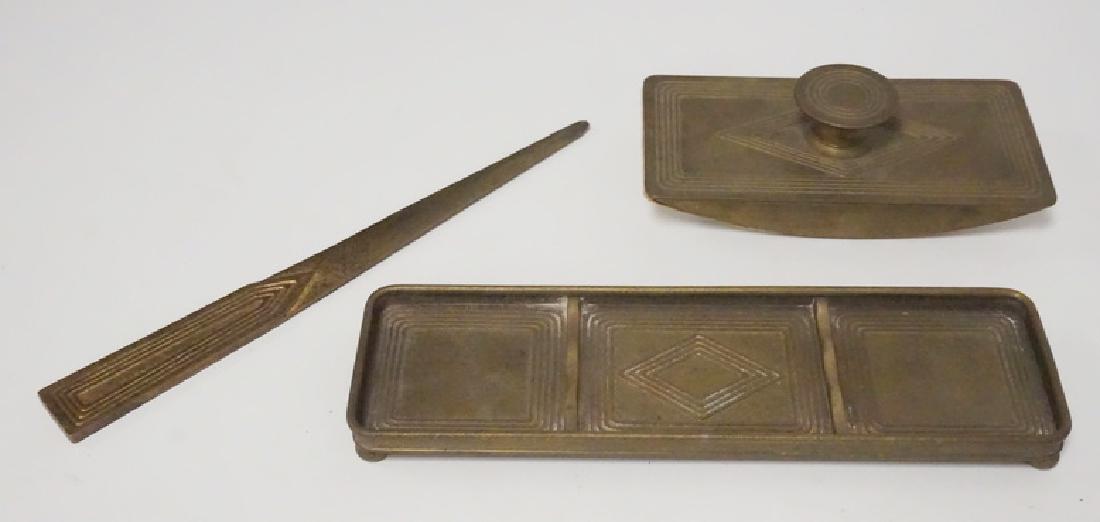TIFFANY STUDIOS *GRADUATE*: TIFFANY STUDIOS GRADUATE PATTERN GILT BRONZE DESK ITEMS. A PEN TRAY, LETTER OPENER, AND ROCKER BLOTTER.