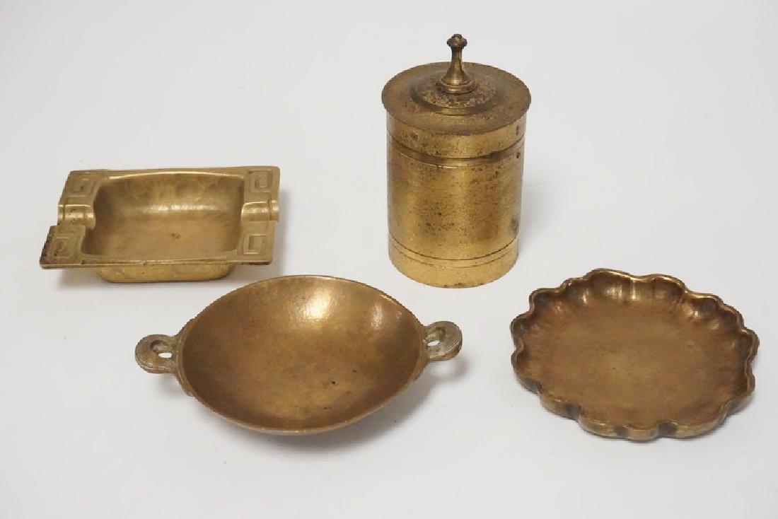 4 PCS TIFFANY STUDIOS BRONZE: 4 PIECE LOT OF TIFFANY STUDIOS BRONZE DORE ITEMS. A CIGARETTER HOLDER, GREEK KEY ASHTRAY, AND 2 SMALL DISHES. TALLEST PIECE MEASURES 4 1/2 INCHES.