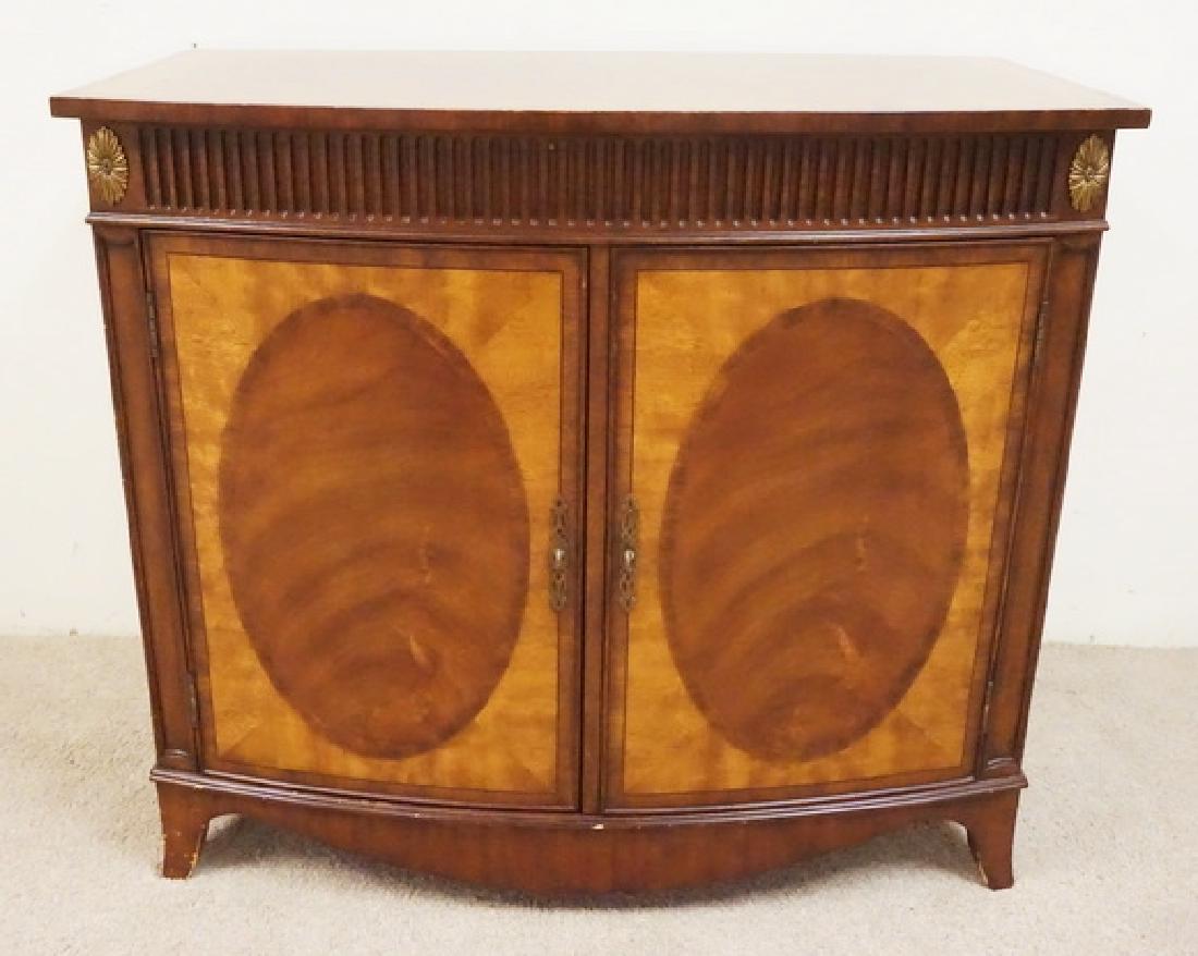 EHTAN ALLEN BOW FRONT CHEST: ETHAN ALLEN BOW FRONT MAHOGANY CHEST. BANDED TOP. 40 INCHES WIDE. 22 INCHES DEEP. 35 INCHES HIGH.