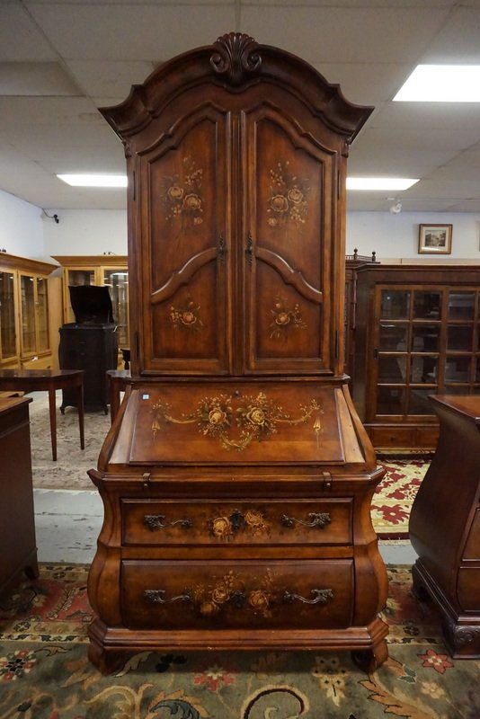 ETHAN ALLEN SECRETARY: ETHAN ALLEN SECRETARY. STENCIL DECORATED WITH FLOWERS. 90 INCHES HIGH. 42 1/2 INCHES WIDE.