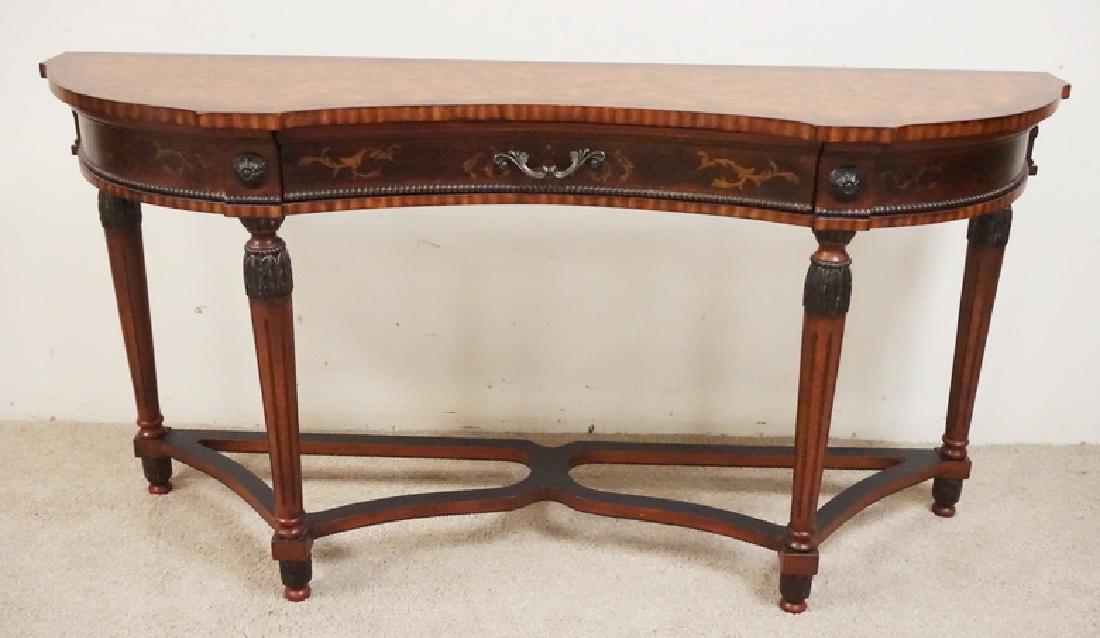 CONSOLE TABLE: CONSOLE TABLE WITH ONE DRAWER. CONCAVE BOW FRONT. CARVED AND FLUTED LEGS. FAUX BURLED FINISH. 60 INCHES WIDE. 30 INCHES HIGH.