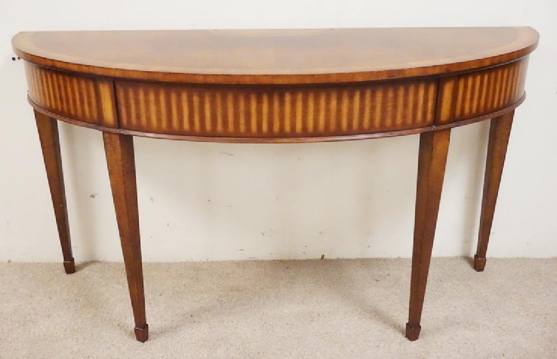 ETHAN ALLEN CONSOLE TABLE: ETHAN ALLEN DEMILUNE CONSOLE TABLE. INLAID AND BANDED TOP. 56 INCHES WIDE. 19 INCHES DEEP. 31 INCHES HIGH.