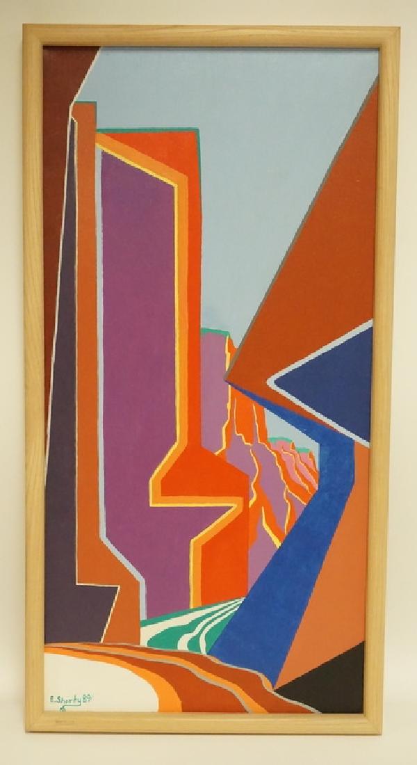 EDDY SHORTY NAVAJO PAINTING: PAINTING TITLED *GREEN RIVER* BY EDDY SHORTY, A NAVAJO ARTIST. 16 X 31 INCHES.