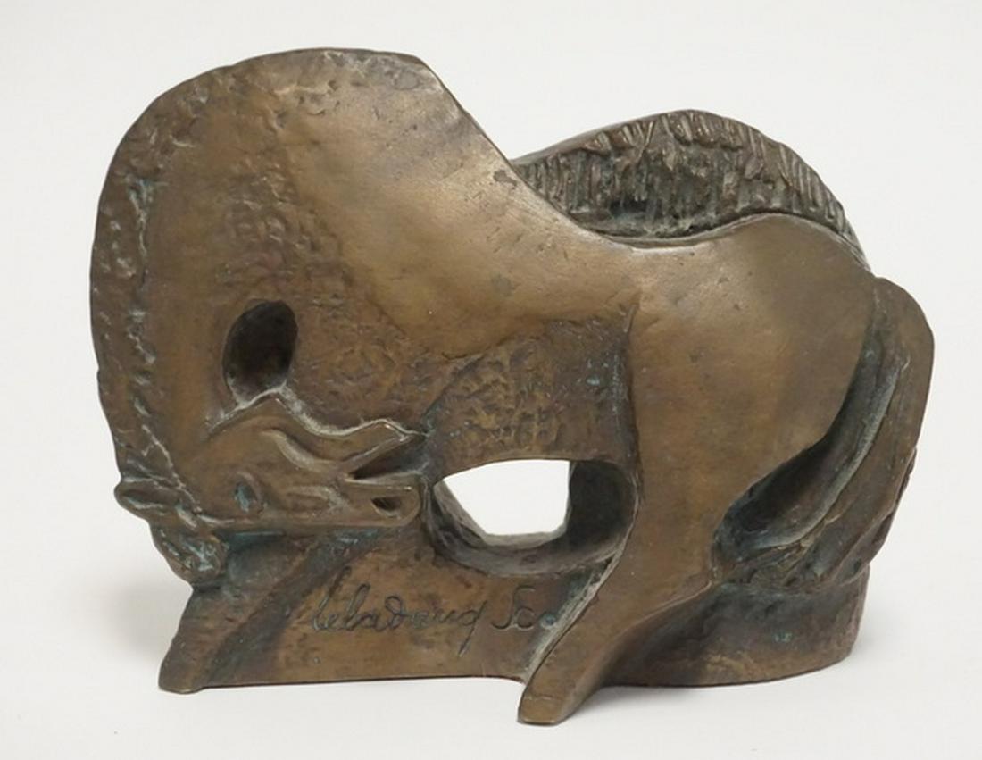 HORSE SCULPTURE: MODERN PLASTER SCULPTURE OF A HORSE. ARTIST SIGNED, 5 1/4 INCHES HIGH.