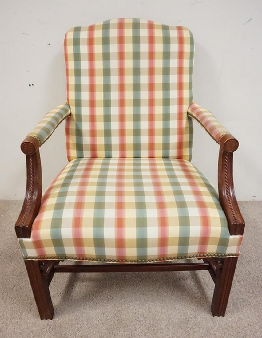 HENREDON UPHOLSTERED ARM CHAIR: HENREDON UPHOLSTERED ARM CHAIR WITH CARVED FRAME. 27 IN WIDE 39 IN H