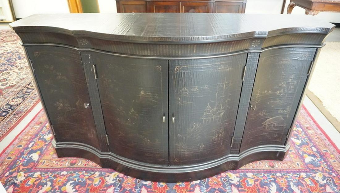 ETHAN ALLEN CREDENZA: ETHAN ALLAN CREDENZA WITH AN ALLIGATORED CHINOISERIE DECORATION. 64 INCHES WIDE. 34 INCHES HIGH.