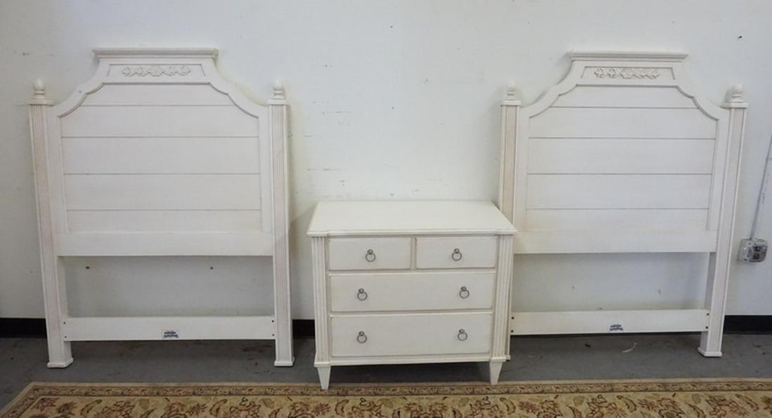 ETHAN ALLEN TWIN HEADBOARDS AND SMALL DRESSER: PAIR OF ETHAN ALLEN TWIN HEADBOARDS AND A SMALL CHEST, PAINTED WHITE