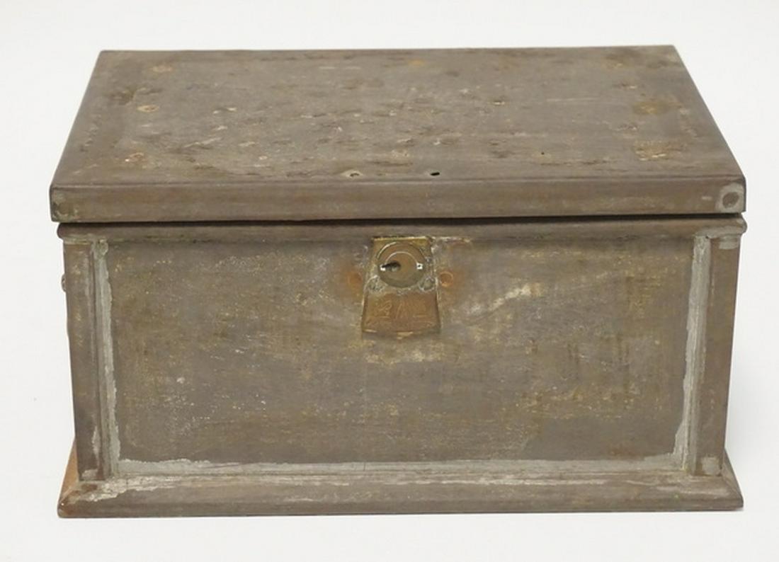 ANTIQUE STRONG BOX: ANTIQUE STRONG BOX. VELVET LINED JEWELRY COMPARTMENT WITH WATCH HOLDER SECTION. 10 1/4 X 7 1/4 AND 5 1/4 INCHES HIGH.