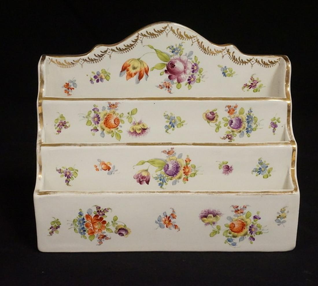 DRESDEN PORCELAIN LETTER BOX: HAND PAINTED DRESDEN PORCELAIN LETTER BOX. 8 1/2 INCHES WIDE. 7 INCHES HIGH.
