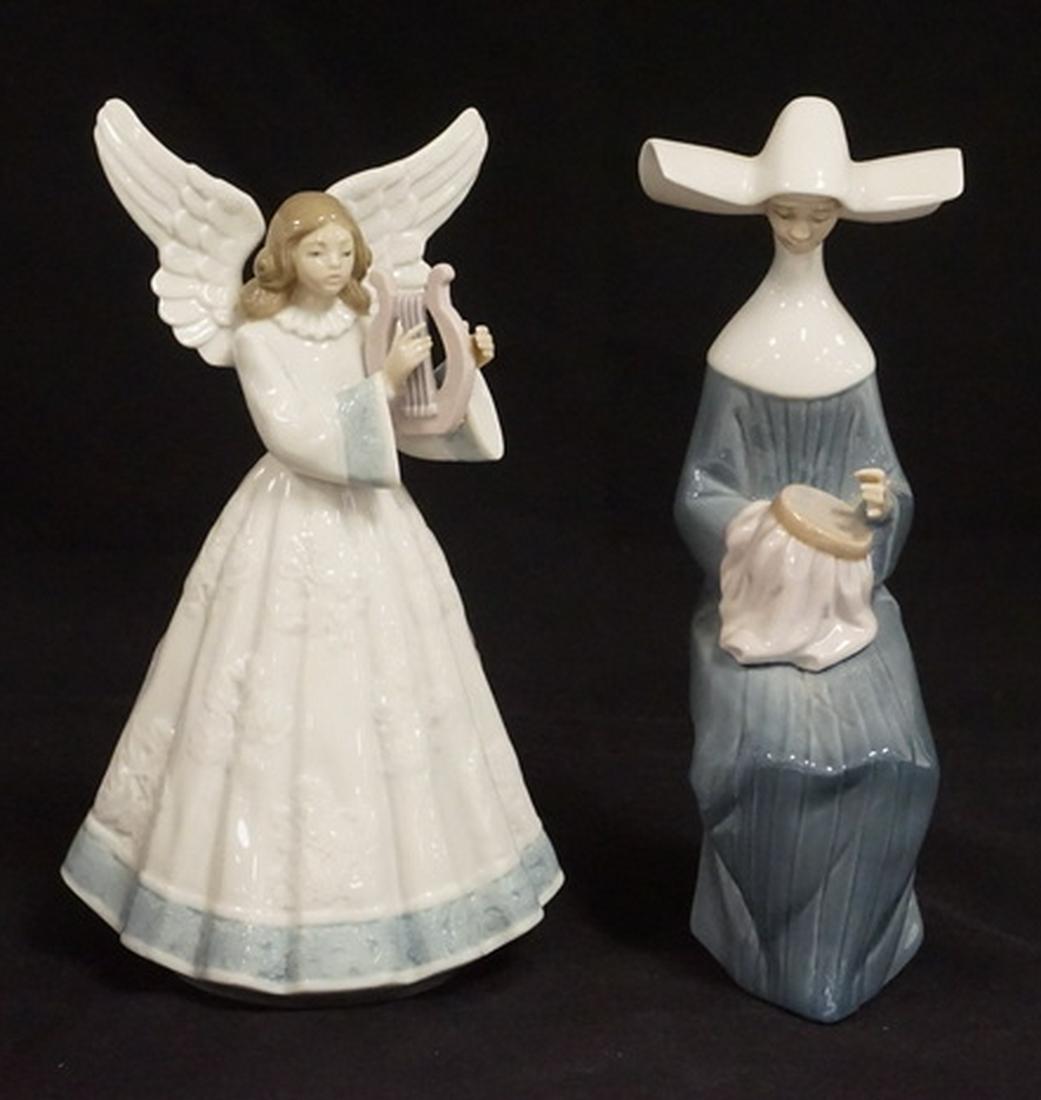 LLADRO: 2 LLADRO FIGURES. AN ANGEL PLAYING A HARP AND A NUN DOING NEEDLEWORK. TALLEST PIECE IS 8 INCHES.