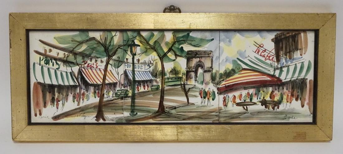 FRENCH TILES: SET OF 3 FRAMED FRENCH TILES. ARTIST SIGNED *RENEE*. 20 X 8 INCH FRAME.