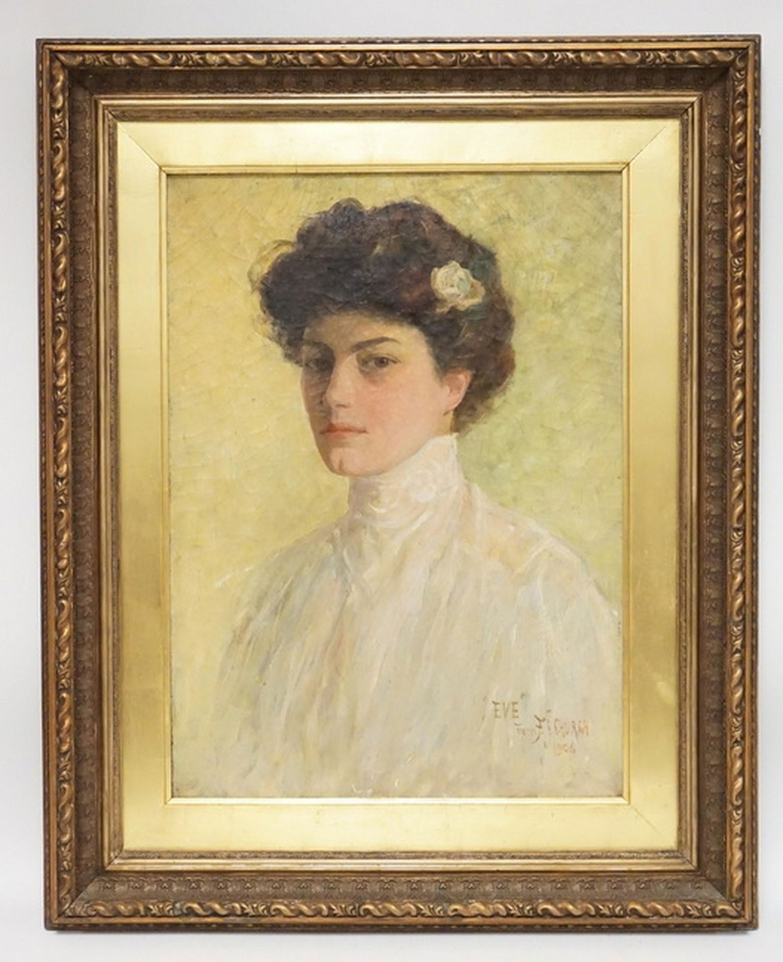 FREDERICK STUART CHURCH PORTRAIT PAINTING: FREDERICK STUART CHURCH PORTRAIT PAINTING ON CANVAS TITLED *EVE*. SIGNED AND DATED 1906 LOWER RIGHT. 15 1/2 X 21 1/2 INCH SIGHT SIZE.