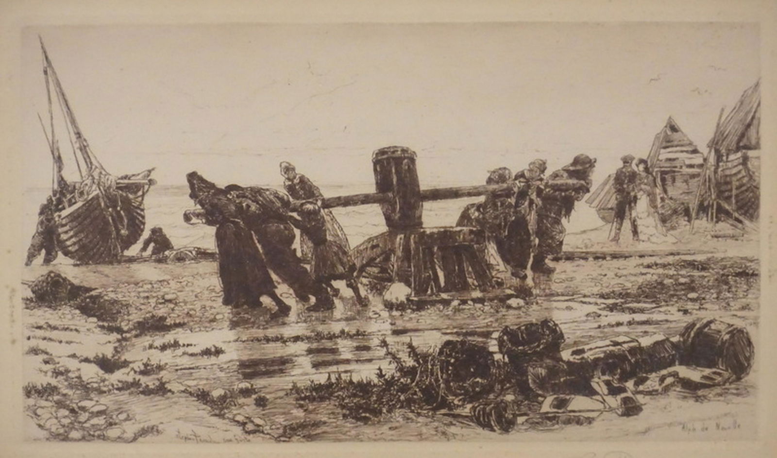 STEPHEN PARRISH. ETCHING 1888.: STEPHEN PARRISH ETCHING *HAULING THE CAPSTAN, AT NORMANDY* AFTER DE NEUVILLE AND DEPICTING A SCENE OF FIGURES PULLING A SHIP ASHORE. SIGNED IN PLATE AND IN PENCIL IN THE MARGIN. C.1888. 8 1/4 X 4 3/4