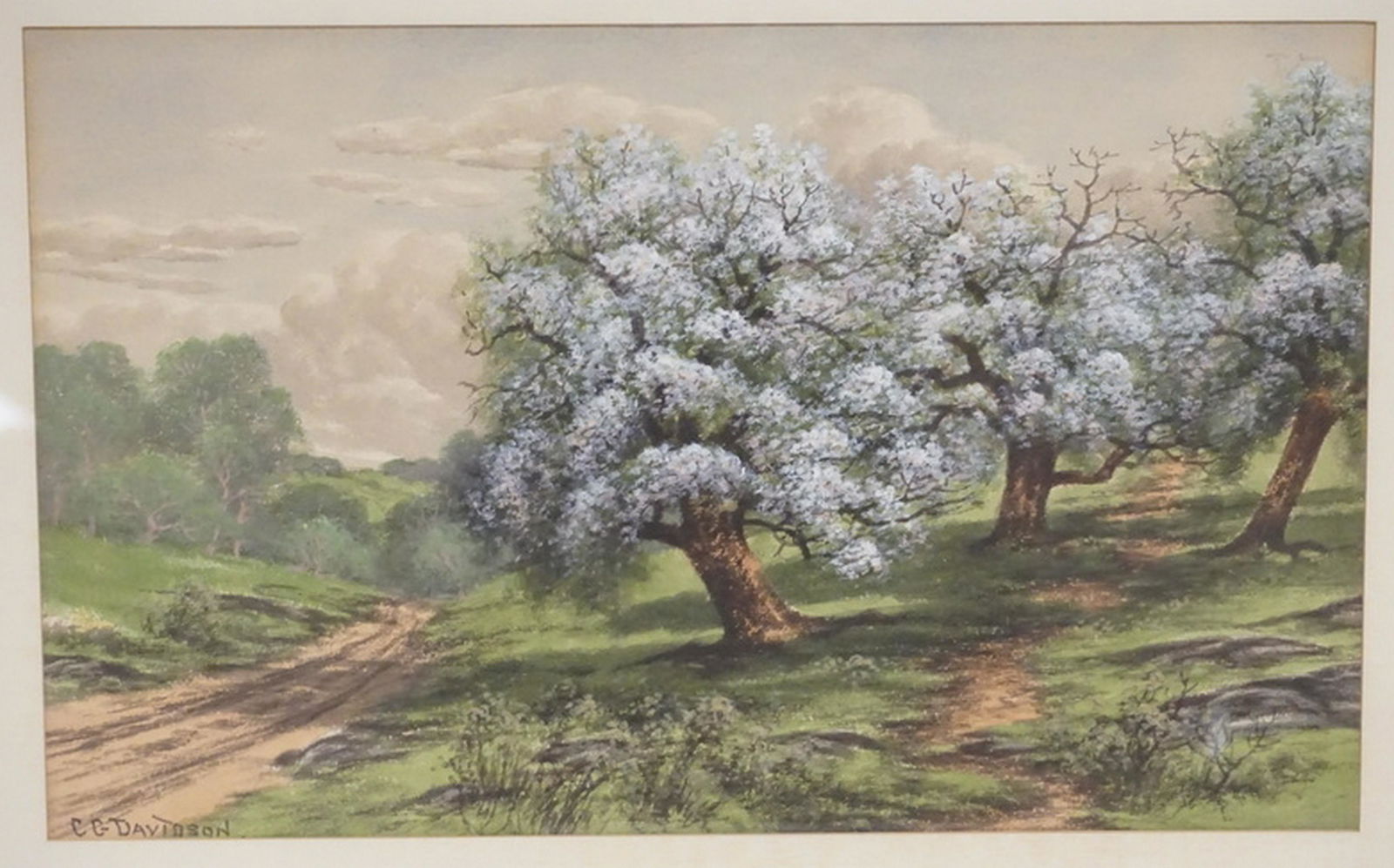 CHARLES GRANT DAVIDSON: CHARLES GRANT DAVIDSON GOUACHE/WATERCOLOR PAINTING OF A LANDSCAPE FEATURING BLOOMING TREES, A DIRT ROAD, AND A CLOUDY SKY. SIGNED LOWER LEFT. 16 3/4 X 10 1/4 INCH SIGHT SIZE.
