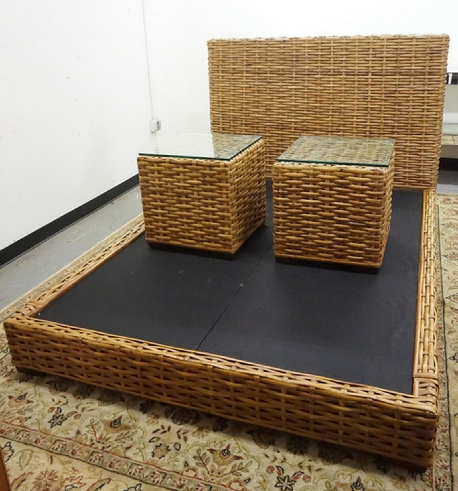 WOVEN SPLINT BED AND 2 STANDS: WOVEN SPLINT BED AND 2 SIDE TABLES WITH GLASS TOPS. BED IS 63 IN WIDE, 48 IN H