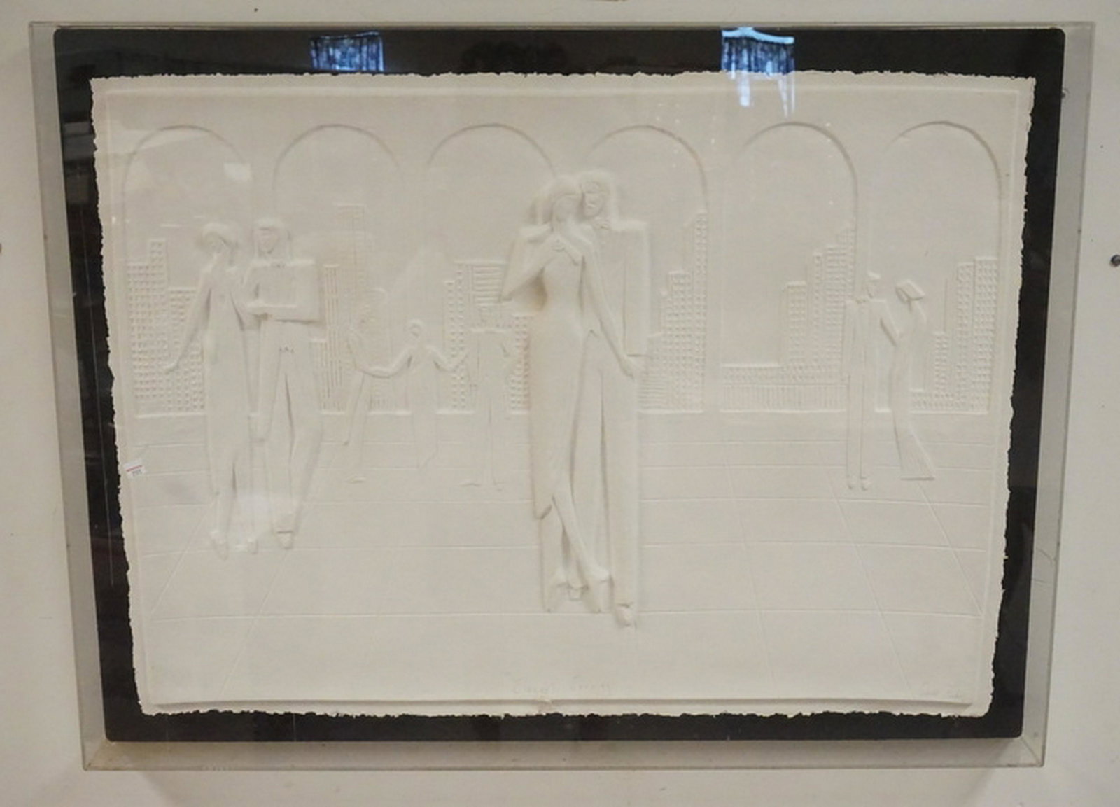 DAVID FISHER: DAVID FISHER PAPER MACHE RELIEF IMAGE TITLED *ELEGANT EVENING*. PENCIL SIGNED AND TITLED. APPROX 36 X 26 1/2 INCHES.