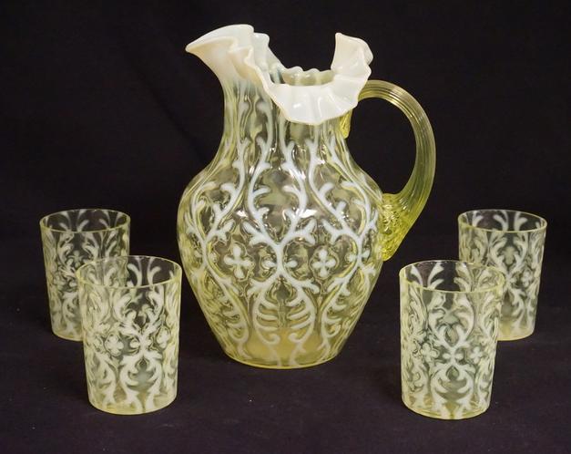 NORTHWOOD OPALINE BROCADE CANARY OPAL WATER SET: NORTHWOOD OPALINE BROCADE AKA SPANISH LACE 5 PC CANARY OPALESCENT WATER SET. PITCHER IS 9 1/2 IN H