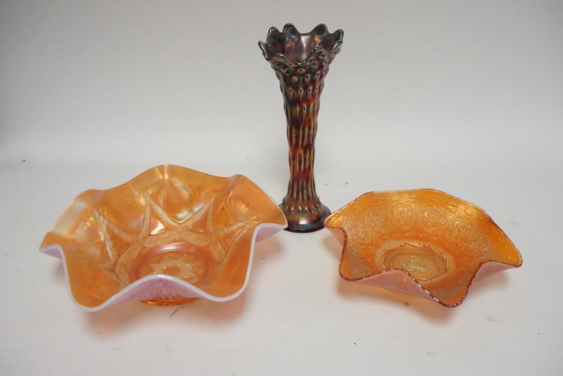 3 PC OLD CARNIVAL GLASS: DUGAN SKI STAR PEACH OPAL 10 3/4 IN BOWL, BLUE FENTON RUSTIC 9 3/4 IN VASE AND A FENTON PERSIAN MEDALLION MARIGOLD 8 3/4 IN BOWL WITH MINOR RIM NICK.
