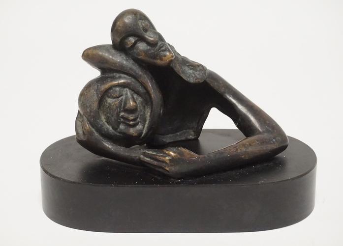 ZIVA CASPI BRONZE SCULPTURE: ZIVA CASPI ISRAELI BRONZE SCULPTURE TITLED *ADAM & EVE*. EDITION #2/6. 6 1/2 INCHES HIGH.