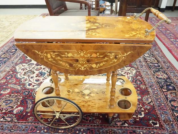 INLAID TEA CART: MARQUETRY INLAID TEA CART. 30 X 16 AND 26 1/2 INCHES HIGH.