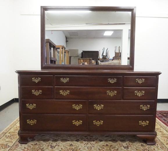 ETHAN ALLEN CHEST OF DRAWERS: ETHAN ALLEN CHEST OF DRAWERS WITH MIRROR. 66 1/2 INCHES LONG. 68 INCHES HIGH.