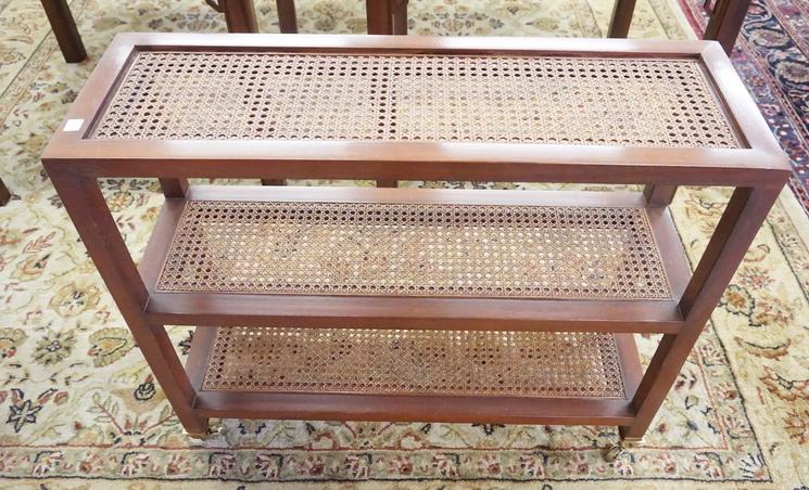 HISTORIC CHARLESTON SHELF UNIT: 3 TIER SHELF UNIT WITH CANED SURFACES. HISTORIC CHARLESTON REPRODUCTIONS. 30 X 10 AND 25 INCHES HIGH.