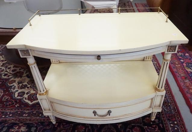 KARGES CONSOLE TABLE: KARGES CONSOLE TABLE. BRASS GALLERY TOP. 32 1/4 INCHES WIDE. 26 INCHES HIGH.
