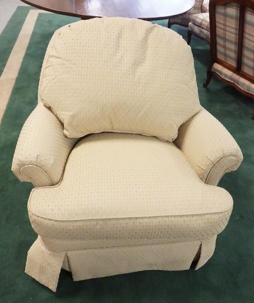 ETHAN ALLEN ARMCHAIR: ETHAN ALLEN UPHOLSTERED ARMCHAIR. 35 1/2 INCHES WIDE. 33 INCHES HIGH.