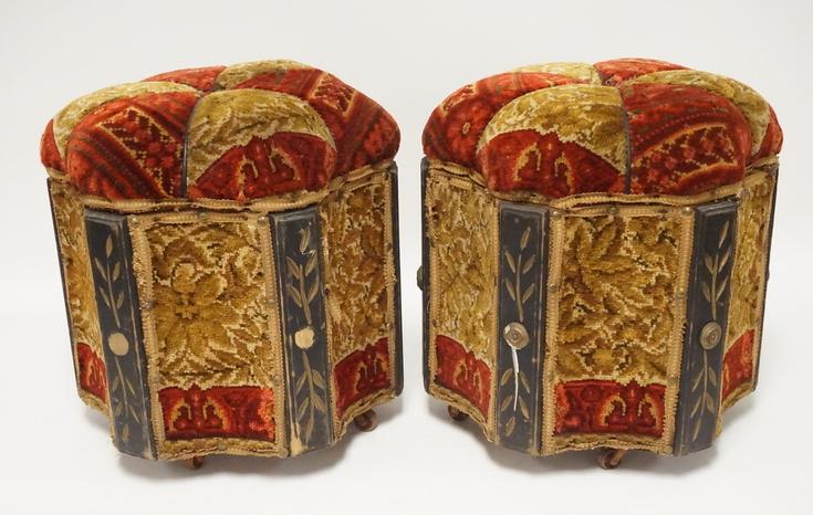 VICTORIAN CARPET BENCHES: PAIR OF VICTORIAN CARPET BENCHES HAVING LIFT TOPS WITH STORAGE SPACE INSIDE. EACH WITH SOME LOSSES. 14 1/2 INCHES HIGH. 14 1/2 INCHES WIDE.